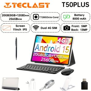 Teclast T50PLUS 2025New Android 15 Tablet, 11 Inch IPS 1920X1200 Resolution, 120Hz Refresh Rate, T7280 Octa-Core, 20Gb(8Gb+12Gb Expansion) RAM, 256GB ROM, 4G Dual SIM LTE, 8000Mah Battery, 5Mp Front 13MP Back Camera, Tablet Case